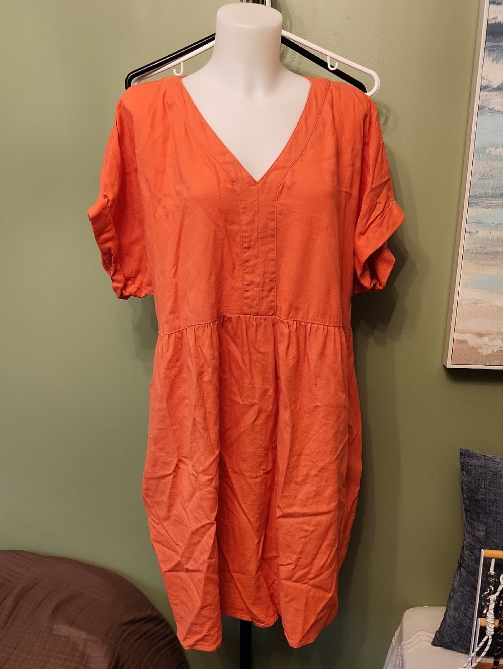 Briggs New York Orange V-Neck Linen Blend Dress